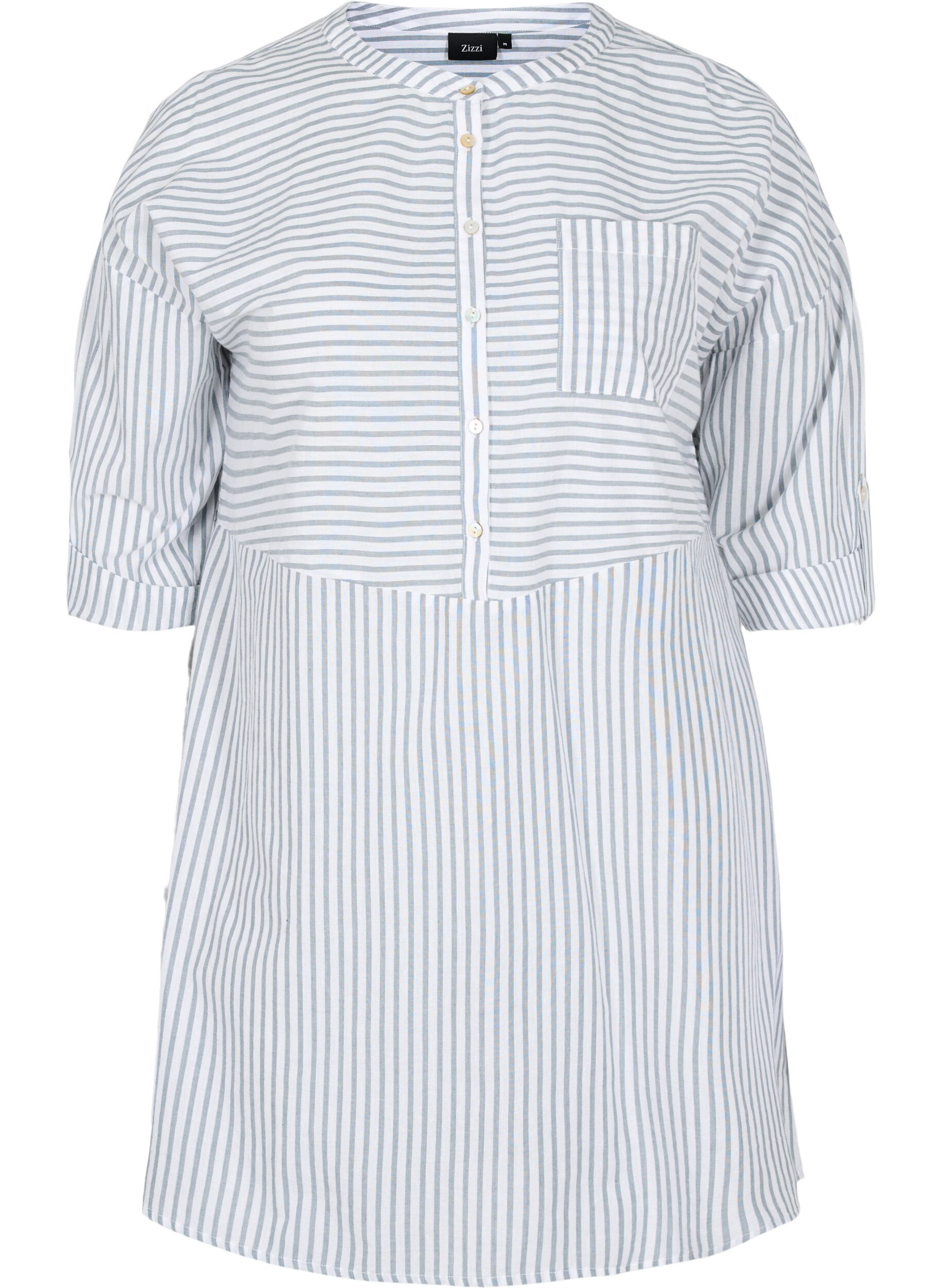 Zizzi Striped tunic with buttons and 3/4-sleeves, Trooper Stripe, Packshot image number 0