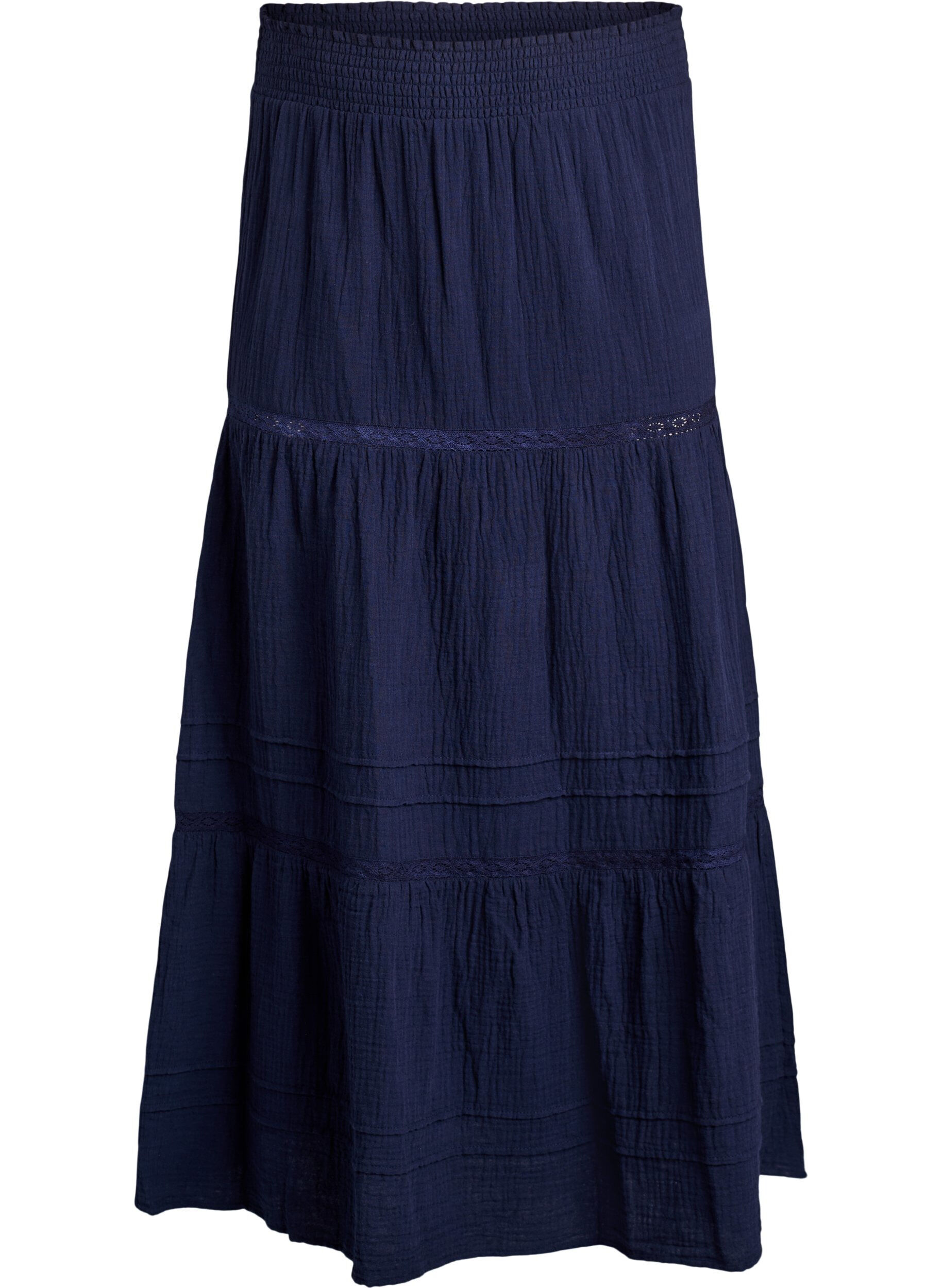 ZizziSp&oacute;dniczka midi w kroju A z bawelnianej muslinowej tkaniny z koronkowym pasem, Niebieskie, Packshot image number 0