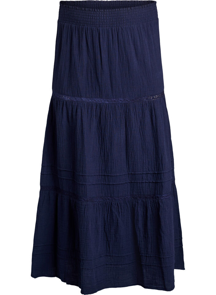 Sp&oacute;dniczka midi w kroju A z bawelnianej muslinowej tkaniny z koronkowym pasem, Niebieskie, Packshot image number 0