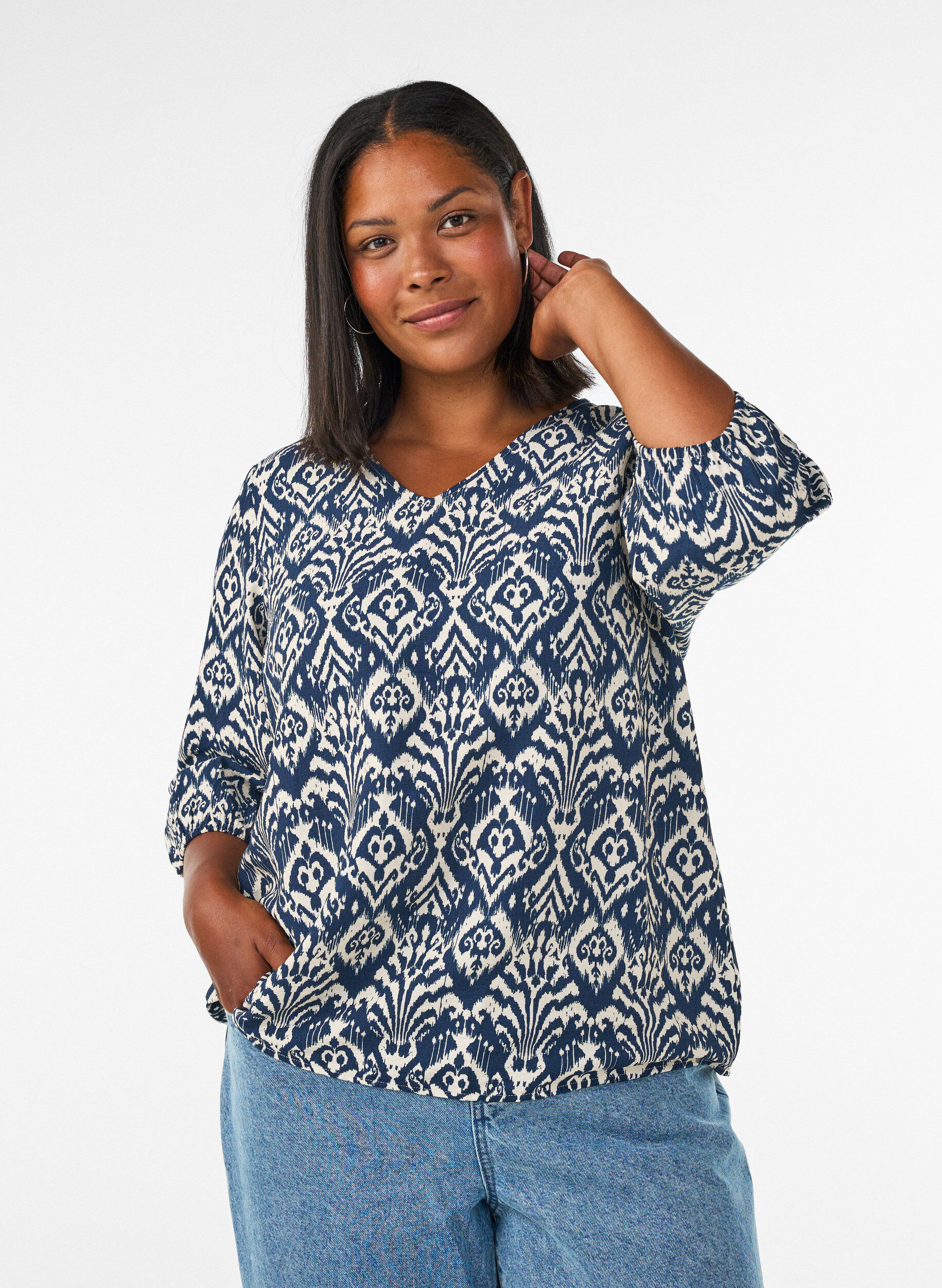 ZizziBluzka z wiskozy w krate z 3/4-sleeves, Niebieskie, Model image number 0