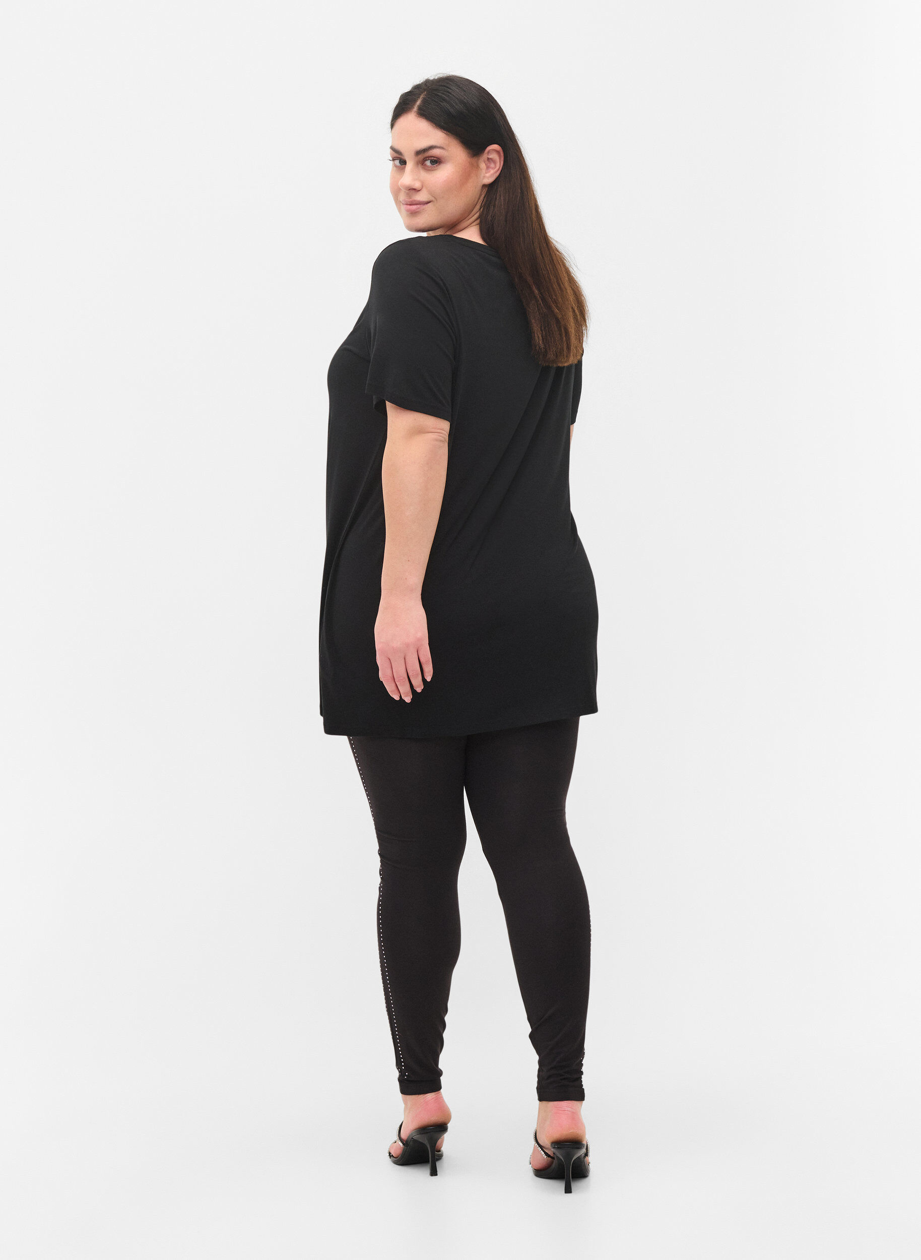 ZizziViscose leggings with stones on the side, Black, Model image number 1