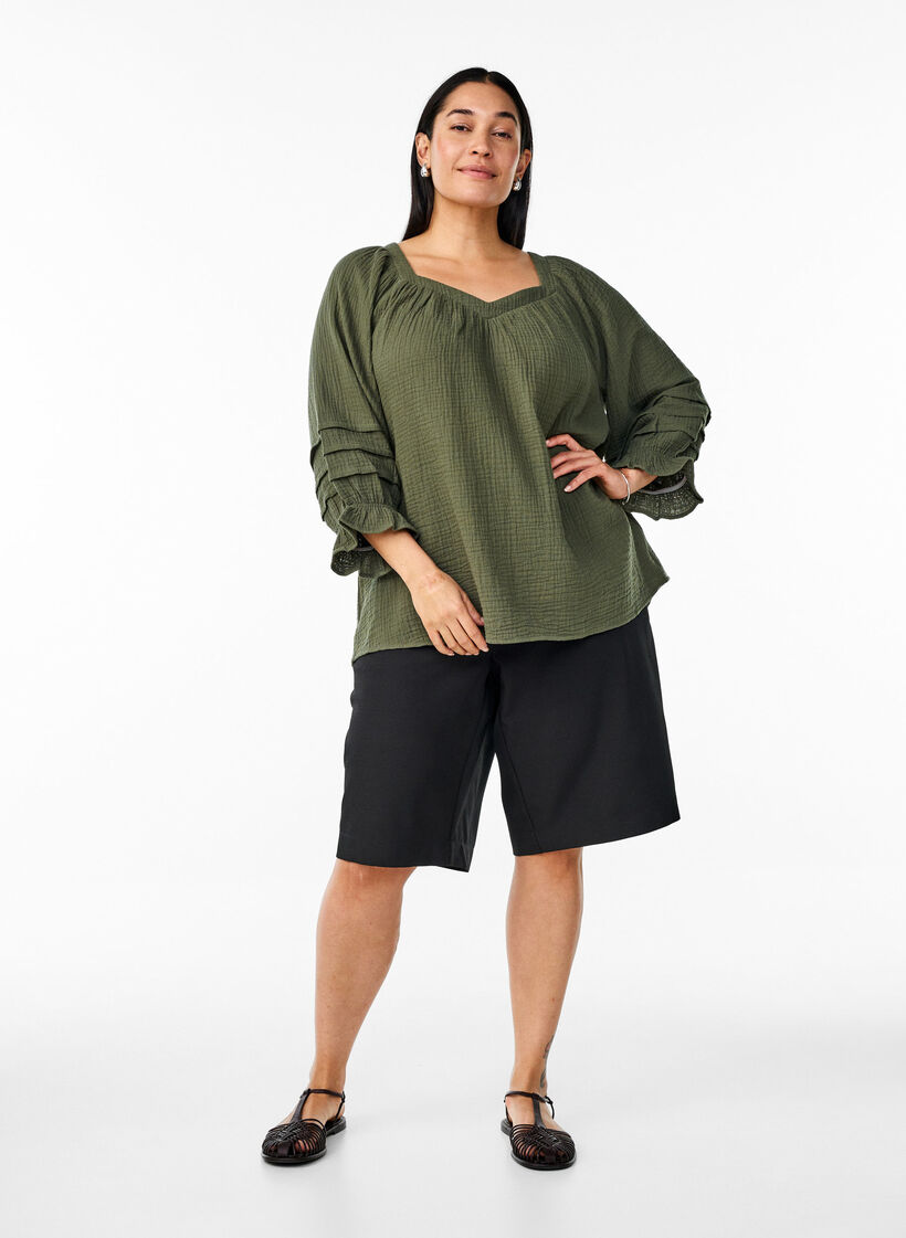 Bawelniana muslinowa bluzka z rekawem 3/4, Thyme, Model image number 2