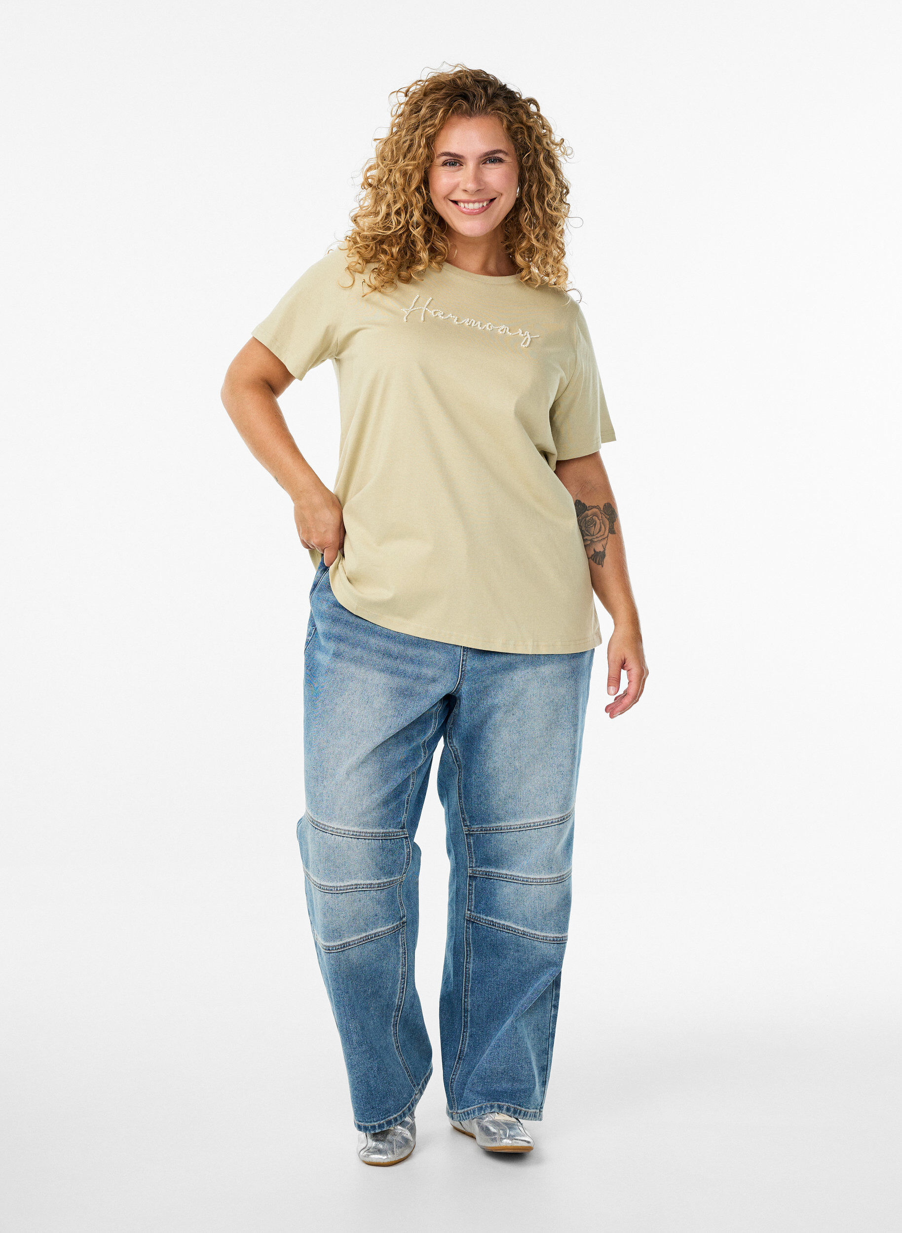 Zizzi Koszulka z bawelny organicznej z perlowym tekstem, Beżowy, Model image number 1