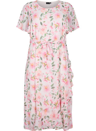 Kwiecista sukienka midi z krótkim rekawem i kwiatowym nadrukiem, White w. Pink Flower, Packshot image number 0