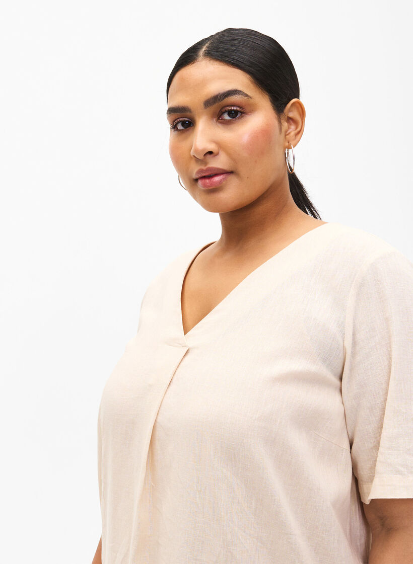 Bawelniana sukienka typu kaftan z domieszka lnu, Beżowy, Model image number 3