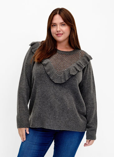 Welniany sweter z dzianiny z falbana, Dark Grey Melange, Model image number 0