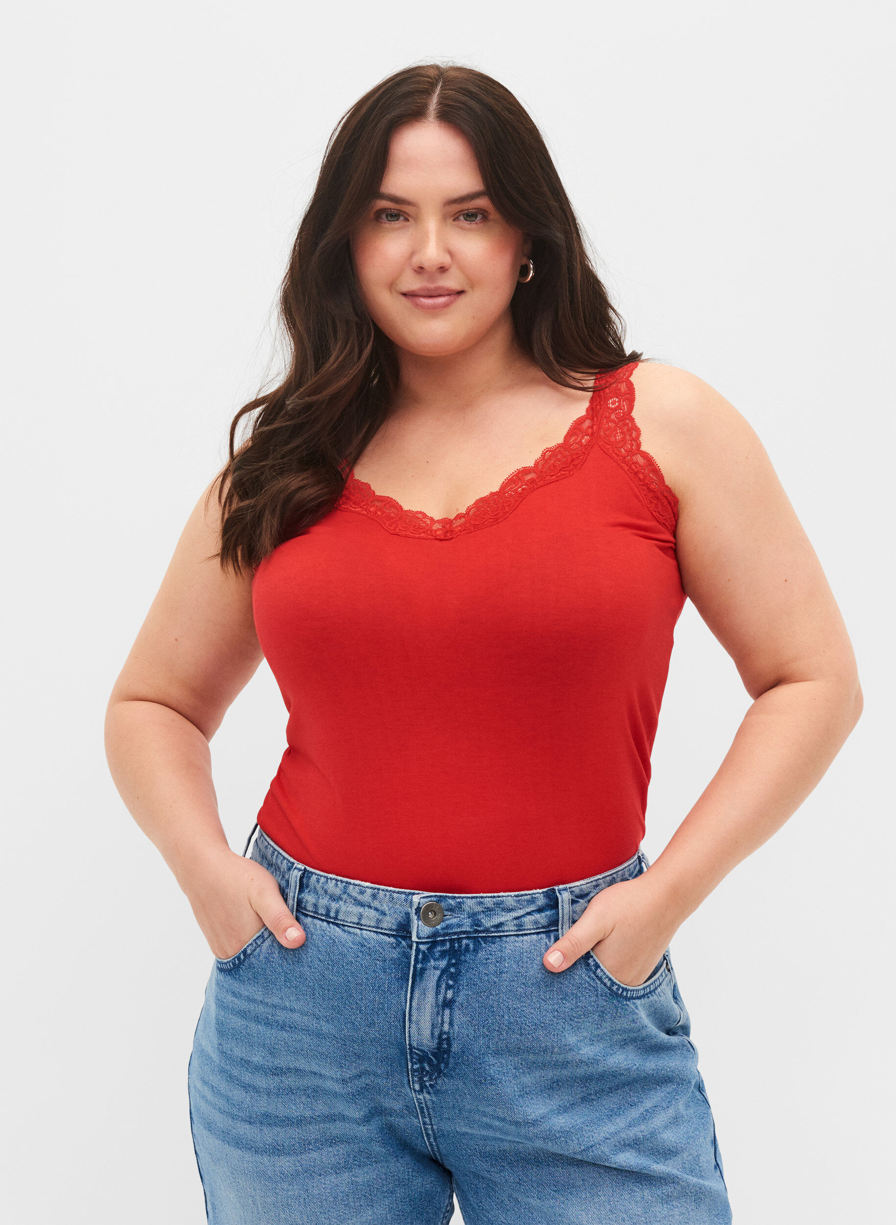 Zizzi 2-pack top with lace, Black/Chinese Red, Model image number 0