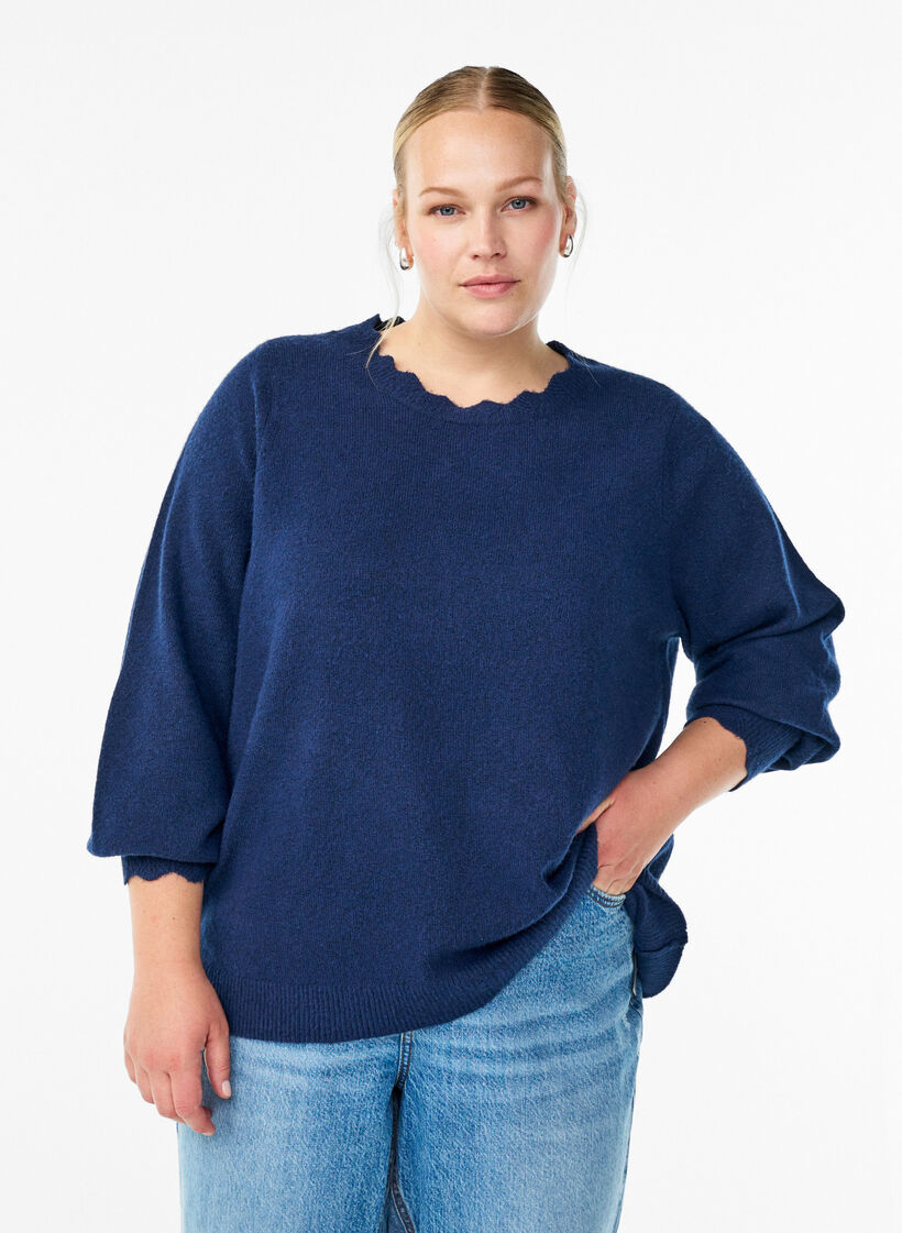 Dzianinowa bluzka z falowanymi brzegami, Niebieskie, Model image number 0