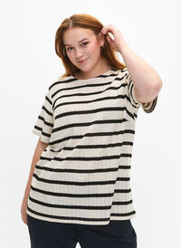 Bluzka z krótkim rekawem w paski w kontrastowych kolorach, Sand Black Stripe, Model