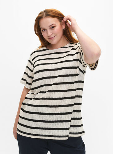 Bluzka z krótkim rekawem w paski w kontrastowych kolorach, Sand Black Stripe, Model image number 0
