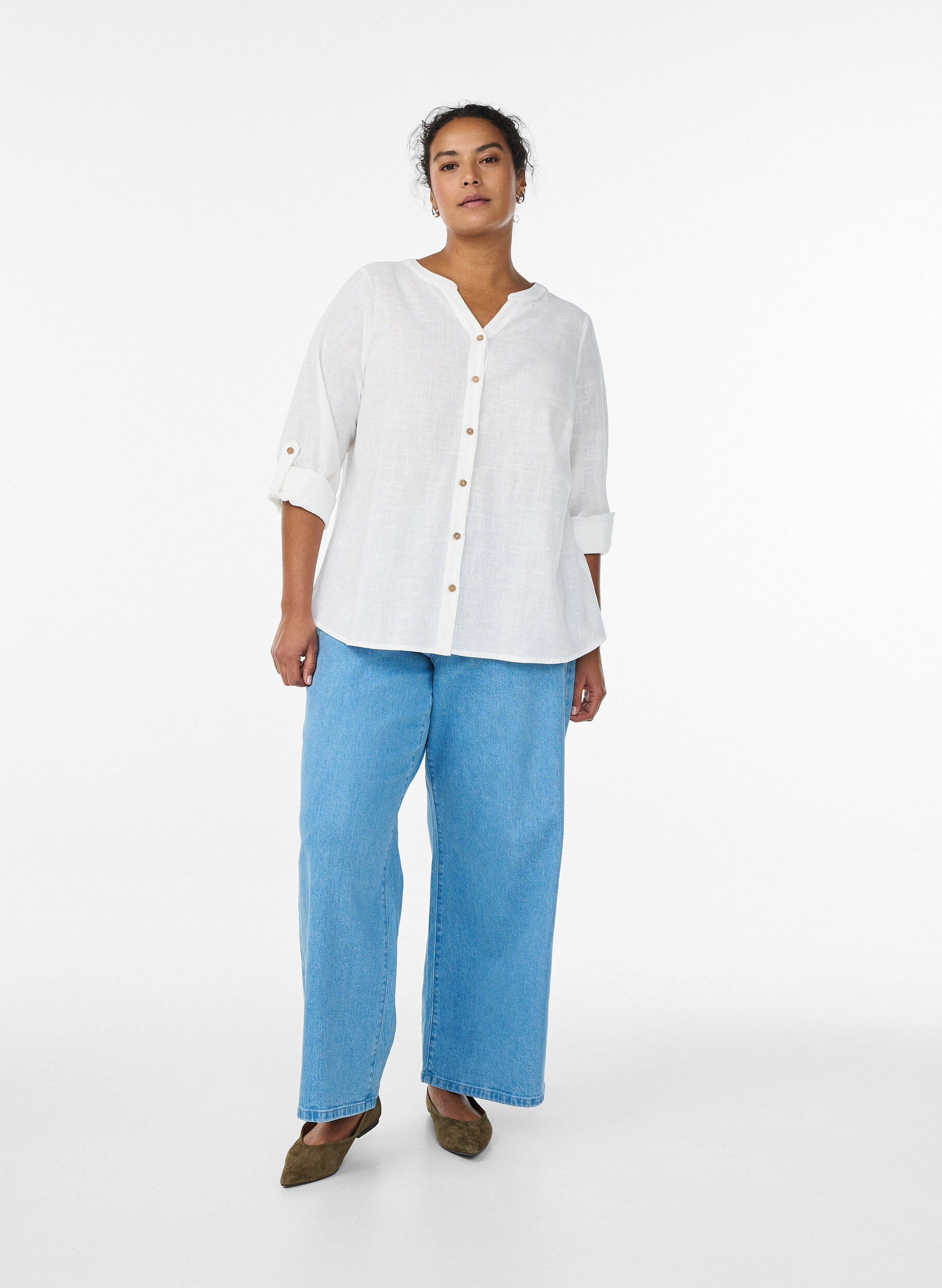 Zizzi Bluzka z bawelny z dekoltem w ksztalcie litery V, Biały, Model image number 1