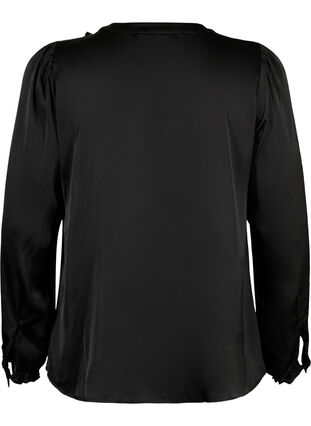 Satynowa bluzka koszulowa z falbanami, Black, Packshot image number 1