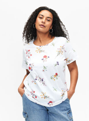 T-shirt z organicznej bawelny z nadrukiem w kwiaty, Bright W. AOP Flower, Model image number 0