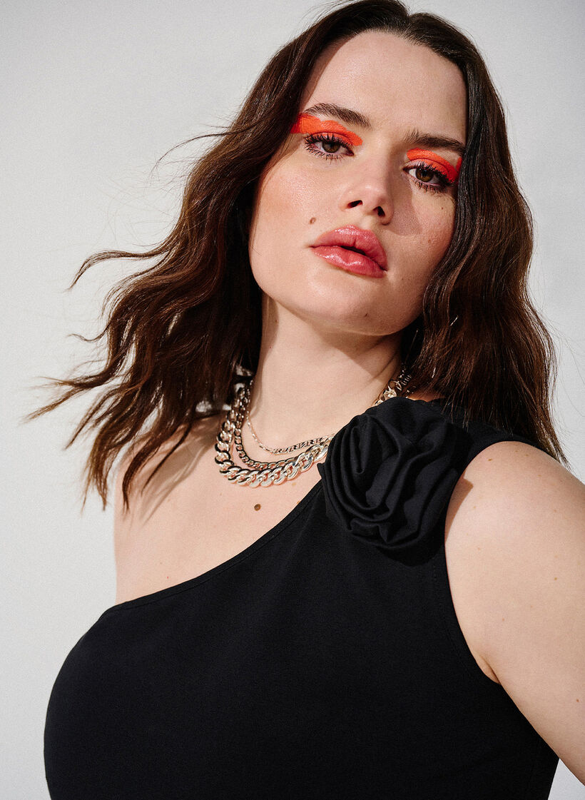 Top na jedno ramie z róza, Black, Image image number 0