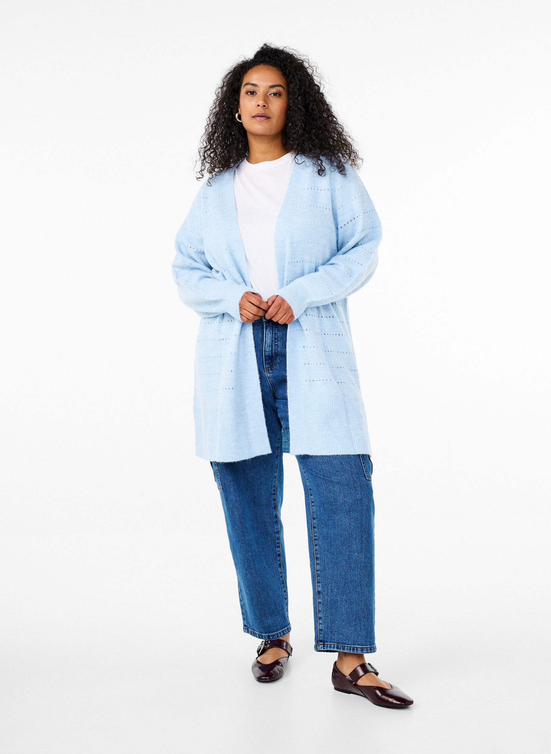 Zizzi Dlugi kardigan z dzianiny z koronkowym wzorem, Cashmere Blue Mel., Model image number 2