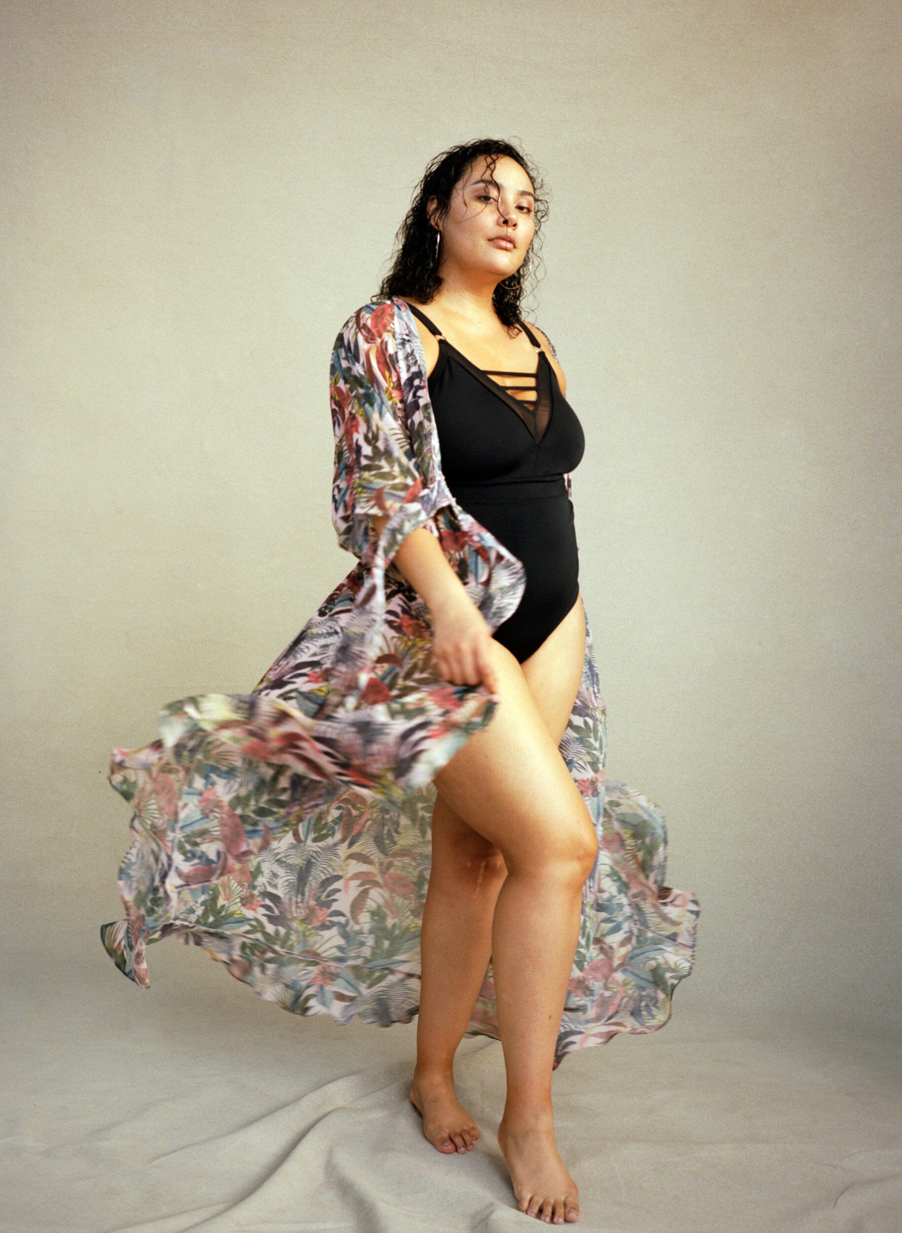 Zizzi Swimsuit with V-neck and mesh, Black, Image image number 0