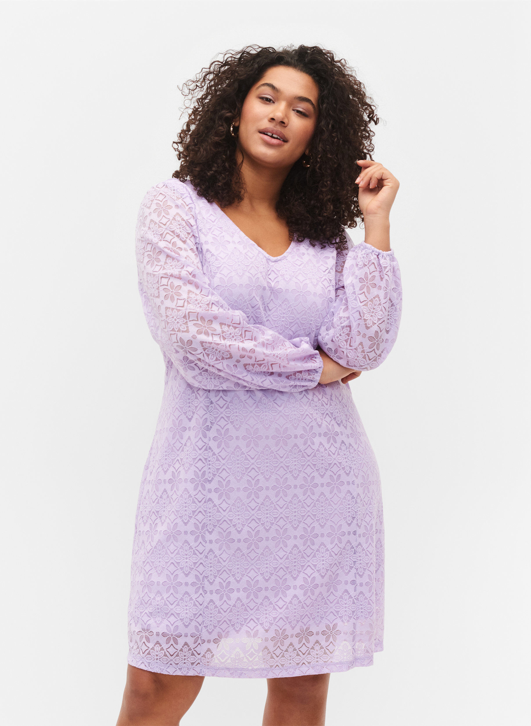 Zizzi Lace dress with v neck and long sleeves, Pastel Lilac, Model image number 0