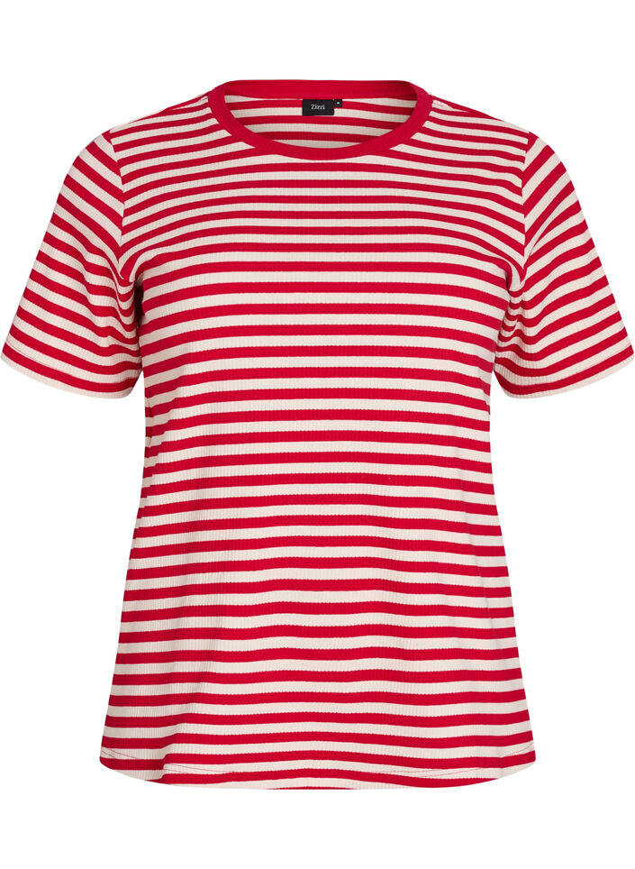 T-shirt w paski o prazkowanej fakturze, Czerwony, Packshot image number 0