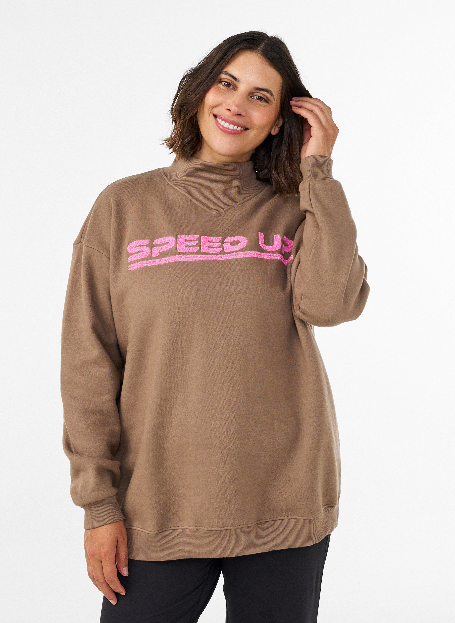 Bluza z wysokim kolnierzem i sportowym motywem z przodu, Brązowy, Model