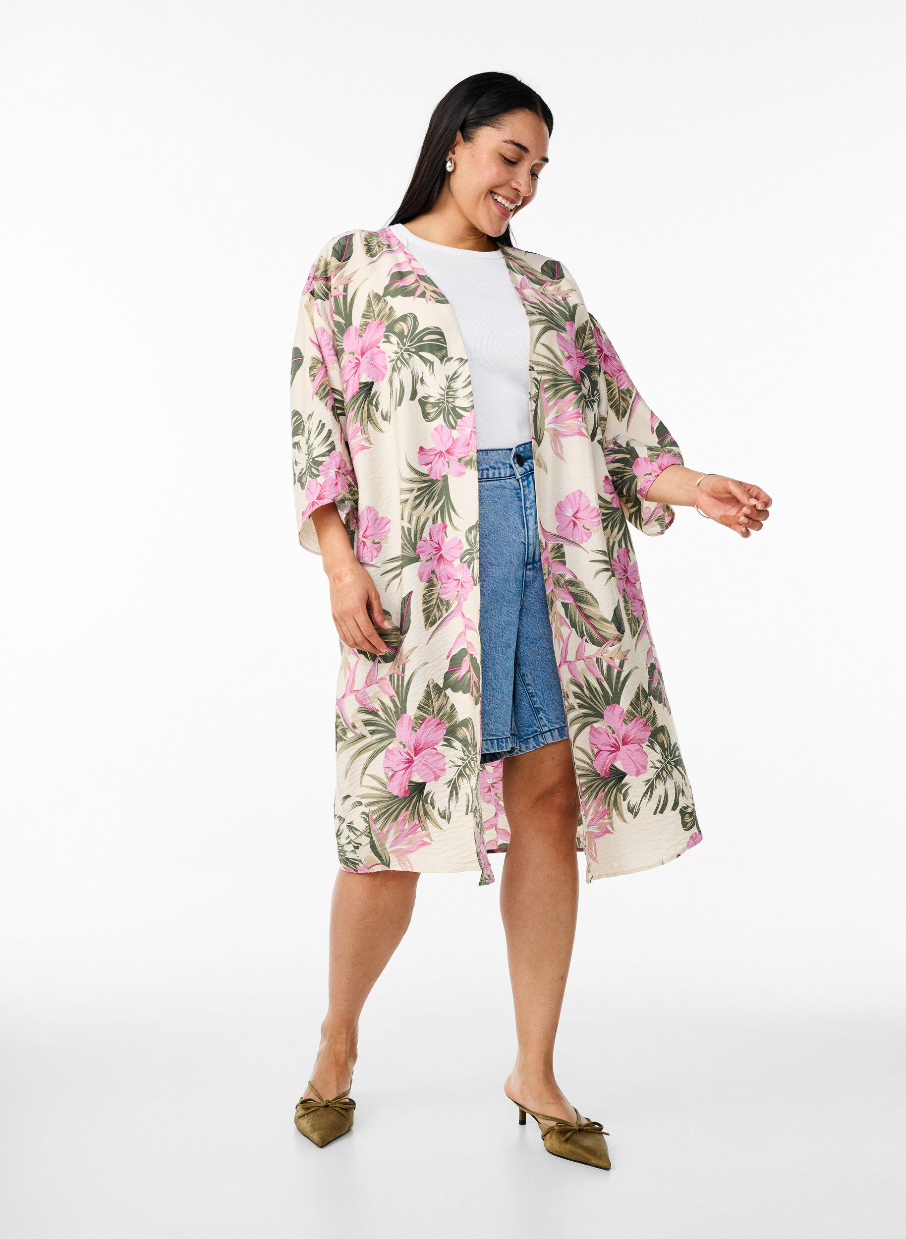 Zizzi Kimono z wiskozy z rekawami 3/4, Biały, Model image number 1