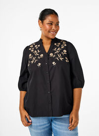 Bluzka koszulowa z haftowanymi kwiatami i rekawami 3/4, Black W. Beige Emb. , Model