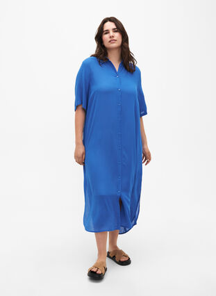 Wiskozowa sukienka koszulowa z krótkimi rekawami, Victoria blue, Model image number 0
