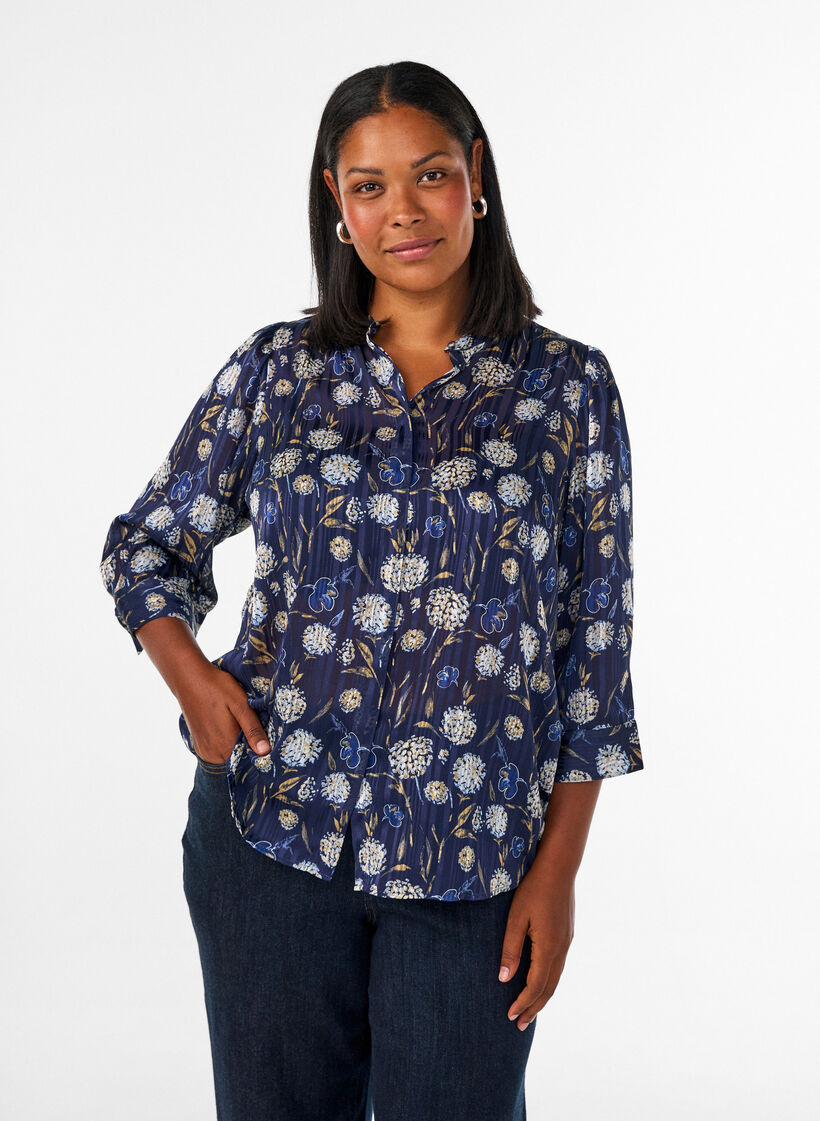 Koszula w krate z wykladanym kolnierzem i 3/4-sleeves, Niebieskie, Model image number 0