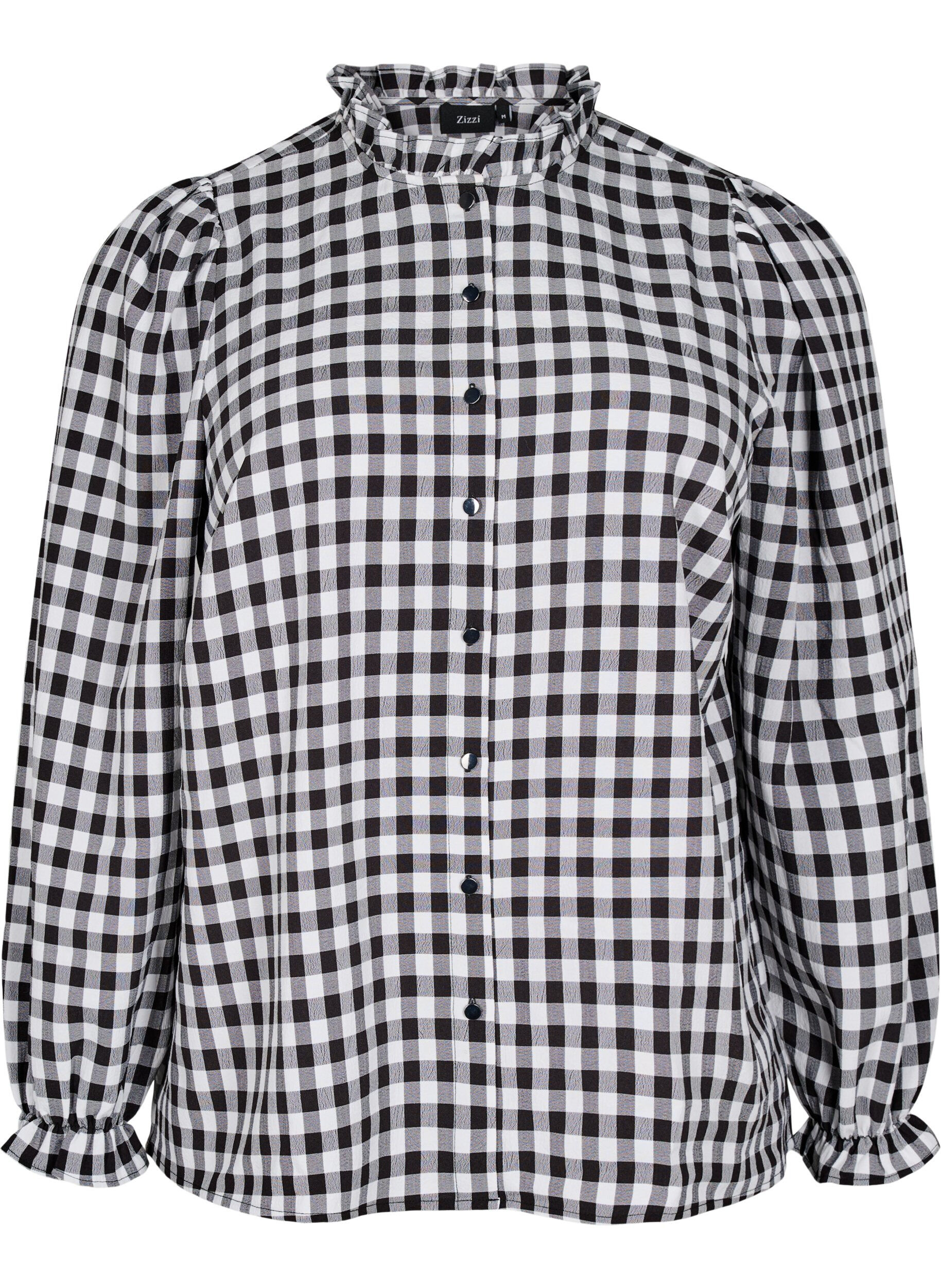 Zizzi Bluzka koszulowa w krate z falbankami, Black/W. Gingham, Packshot image number 0