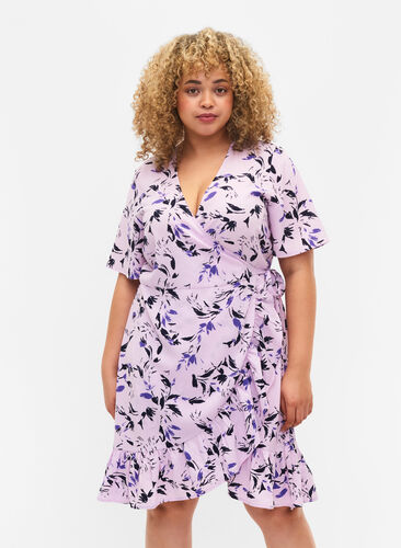 Kopertowa sukienka z wzorem kwiatów i krótkimi rekawami, Purple AOP, Model image number 0