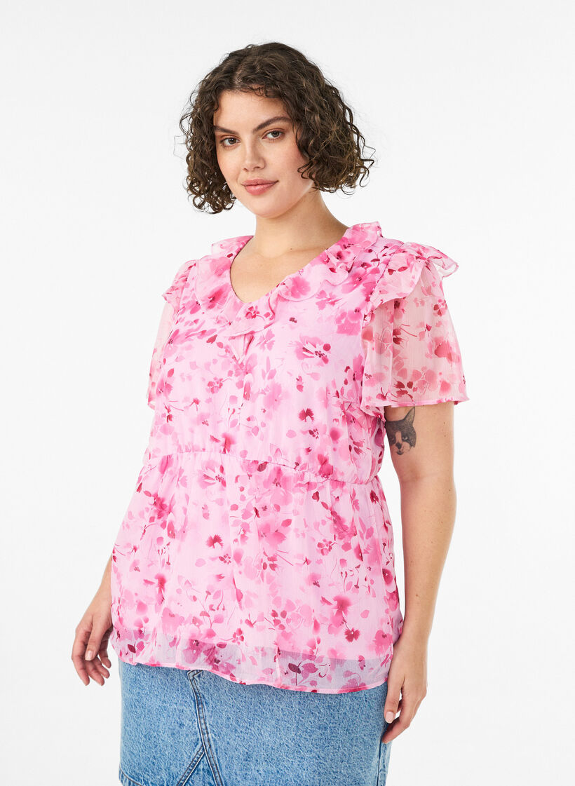 Bluzka z kwiatowym wzorem, z falbanka na kolnierzu i efektem peplum, R&oacute;żowy, Model image number 0