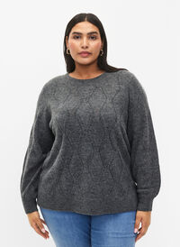 Dzianinowy pulower z azurowym wzorem, Dark Grey Melange, Model