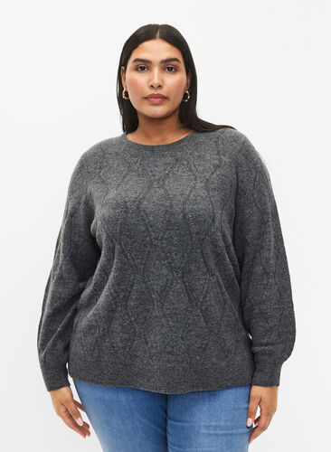 Dzianinowy pulower z azurowym wzorem, Dark Grey Melange, Model image number 0