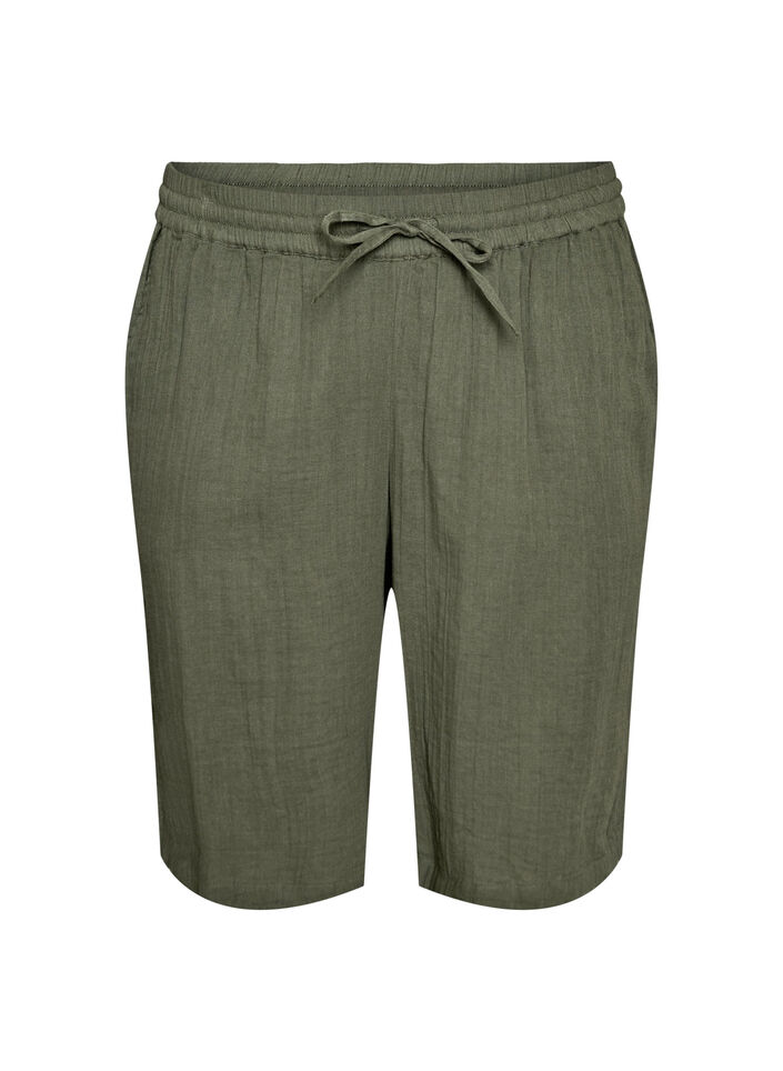 Luzne szorty z bawelnianej musliny z wysoka talia, Zielony, Packshot image number 0