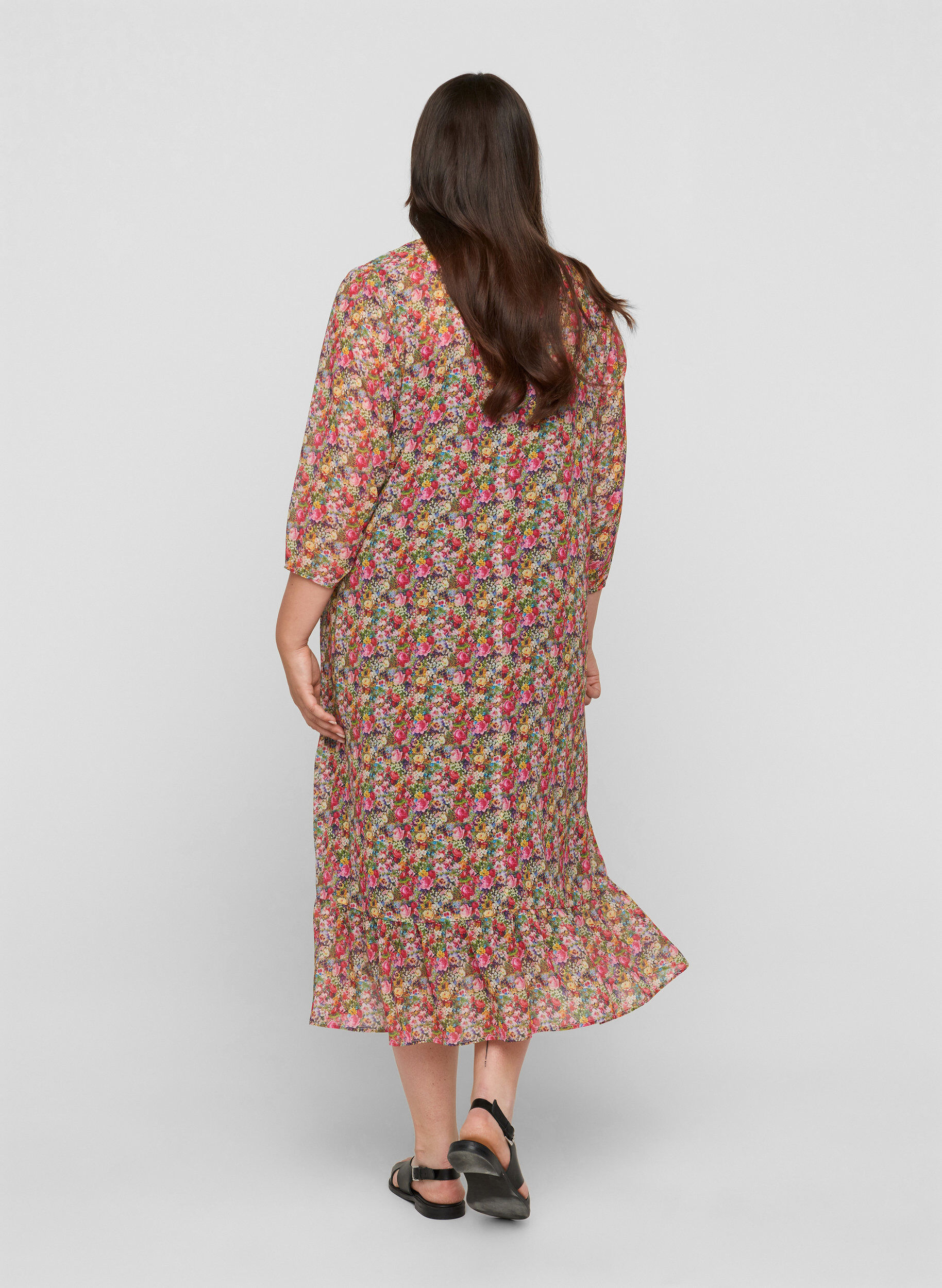 Zizzi Floral midi dress with a tie belt in the waist, Pink Flower AOP, Model image number 1
