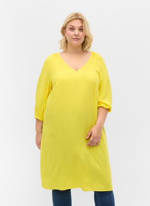 Wiskozowa sukienka z dekoltem w szpic, Blazing Yellow, Model image number 0