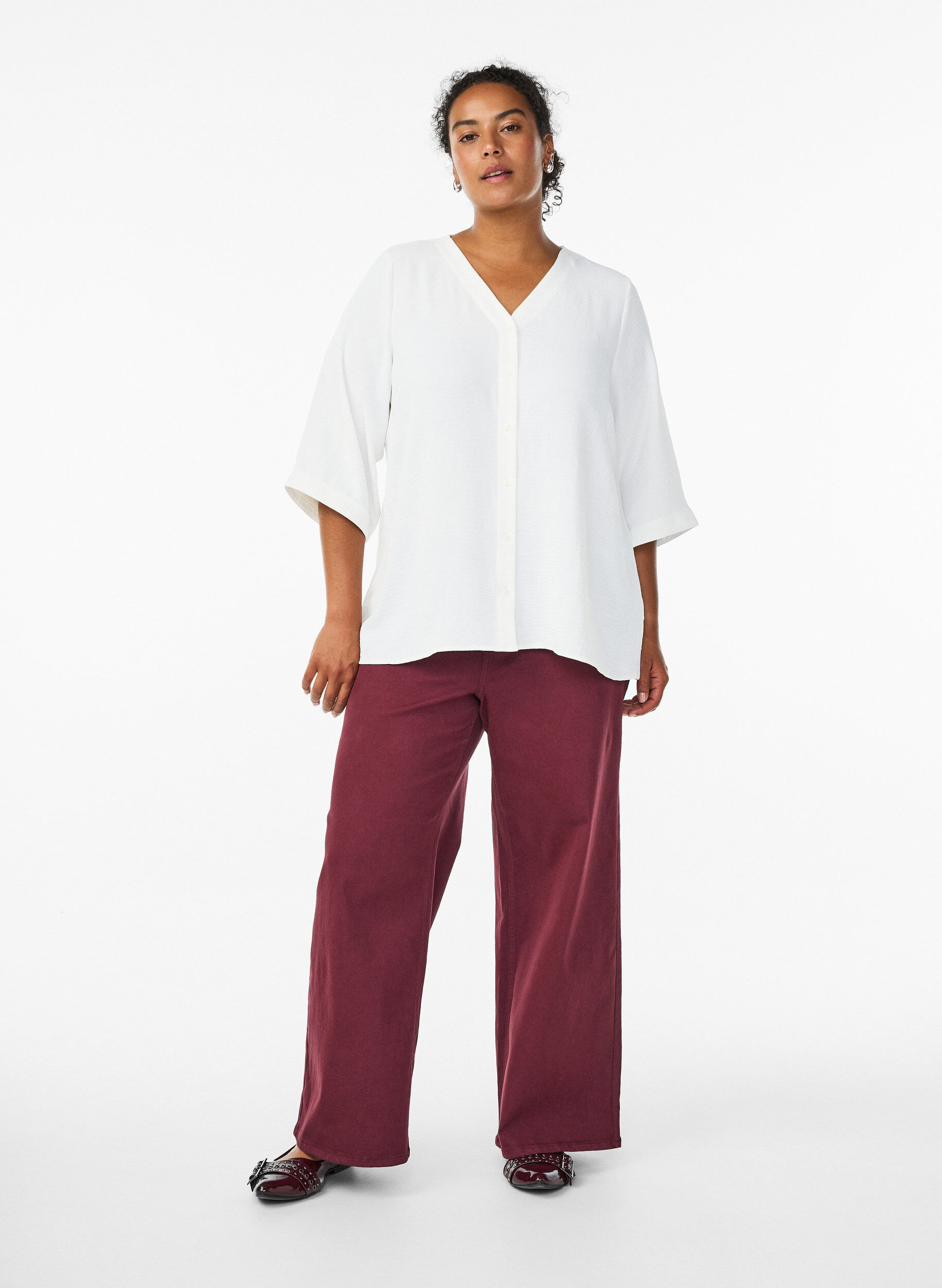 Zizzi Bluzka z dekoltem w szpic i rekawami 3/4, Biały, Model image number 1