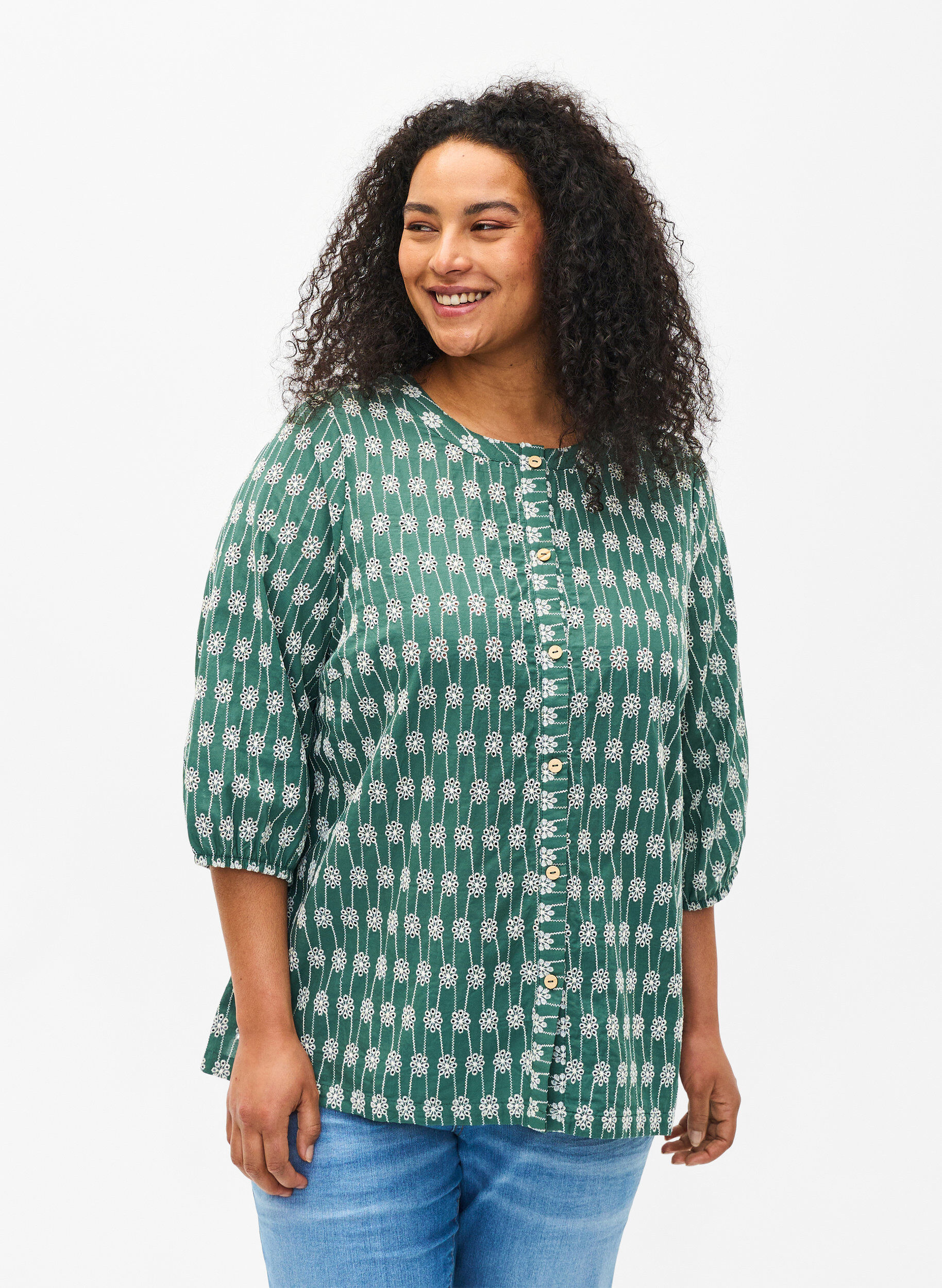 Zizzi Bawelniana bluzka koszulowa w kwiatowy wz&oacute;r, Dark Forest, Model image number 0