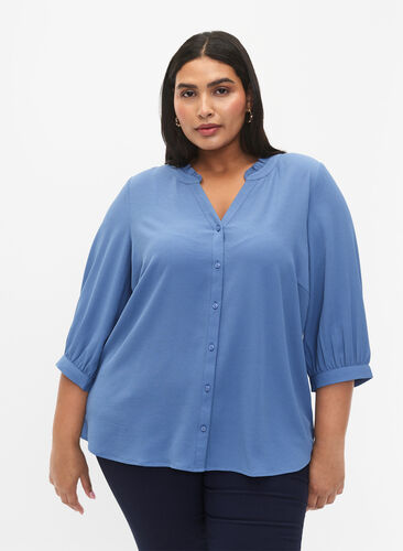 Bluzka koszulowa z rekawami 3/4 i kolnierzem z falbanami, Moonlight Blue, Model image number 0