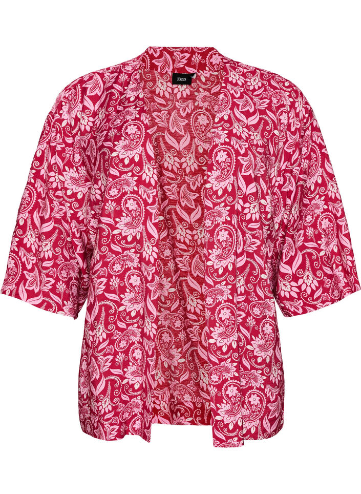 Kr&oacute;tkie kimono z wiskozy z rekawami 3/4, R&oacute;żowy, Packshot image number 0