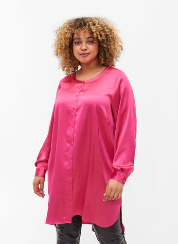 Dluga blyszczaca koszula z rozcieciem, Pink Flambé, Model image number 0