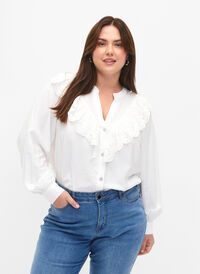 Wiskozowa bluzka koszulowa z marszczeniami, Bright White, Model
