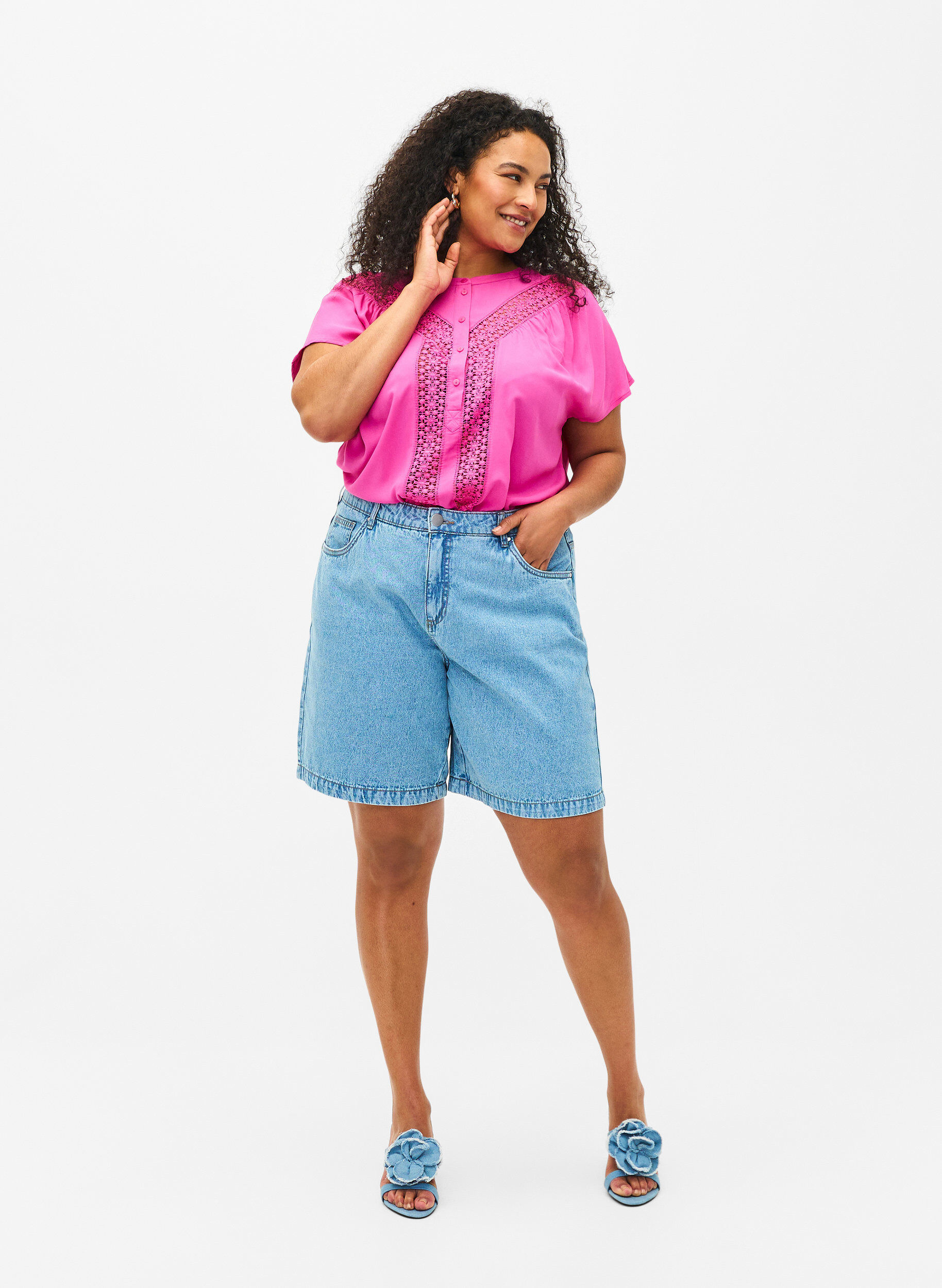 Zizzi Bluzka z wiskozy z koronkowym wykonczeniem, Raspberry Rose, Model image number 2