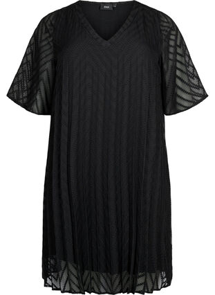 Plisowana sukienka z krótkim rekawem, Black, Packshot image number 0