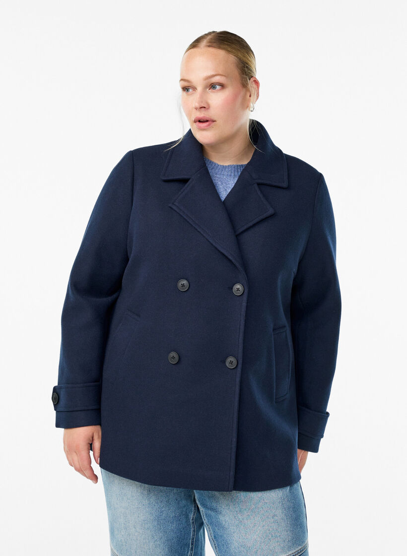Kr&oacute;tki plaszcz z dwurzedowym zapieciem na guziki, Niebieskie, Model image number 0