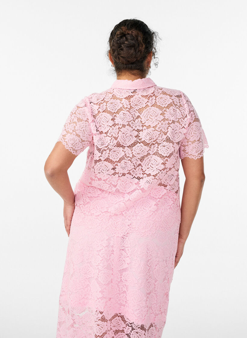 Koronkowa bluzka koszulowa z perlowymi guzikami, R&oacute;żowy, Model image number 2