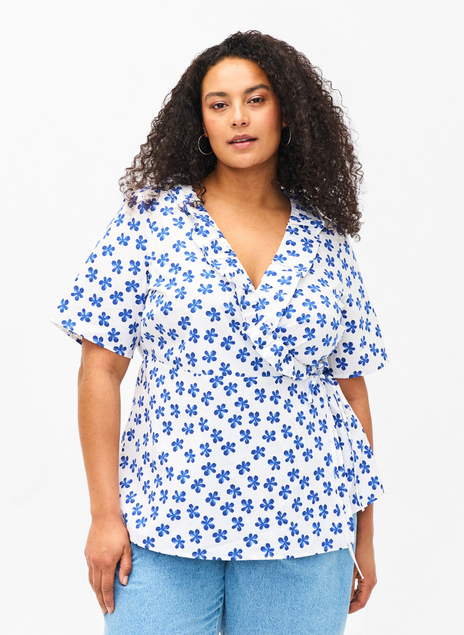 Bawelniana kopertowa bluzka w kwiaty, B.White/Small Flower, Model