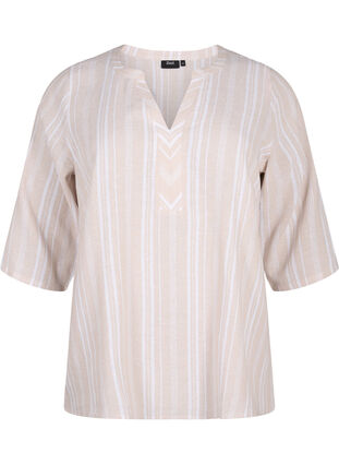 Bluzka w paski wykonana z mieszanki lnu i wiskozy, Beige White Stripe, Packshot image number 0
