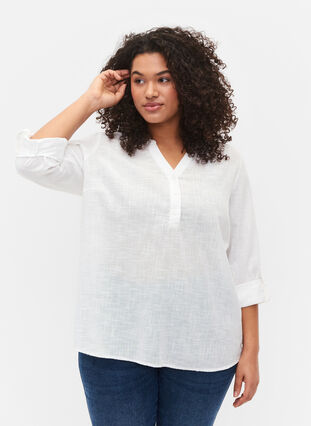 Bawelniana koszulowa bluzka z dekoltem w szpic, Bright White, Model image number 0