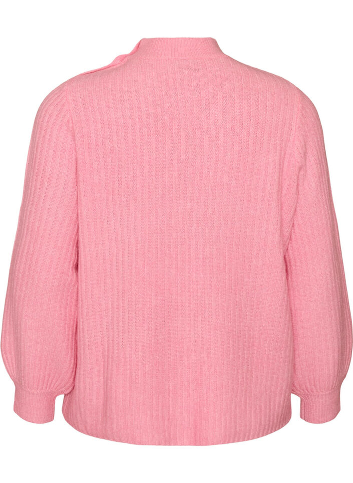 Prazkowany sweter z bufiastymi rekawami i guzikami, R&oacute;żowy, Packshot image number 1