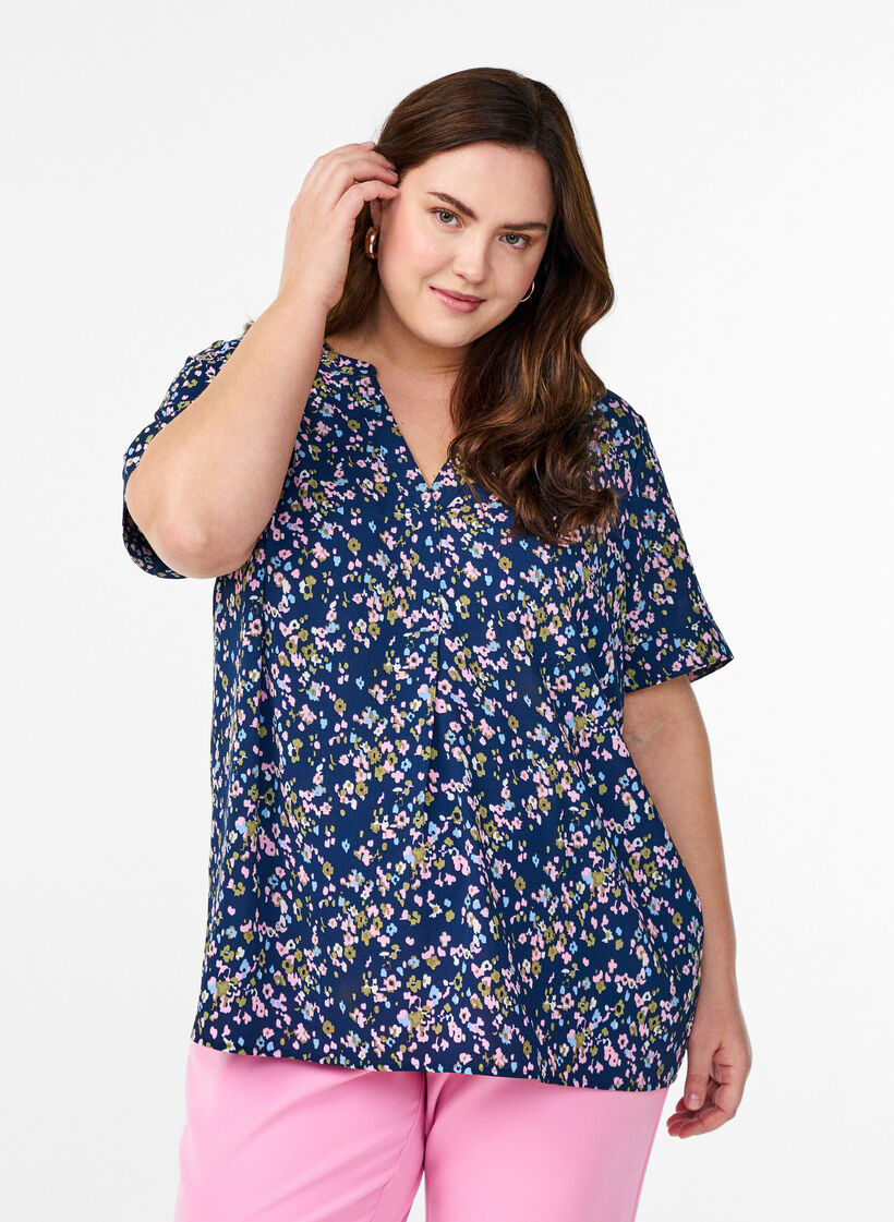 Bluzka z krótkim rekawem i dekoltem w serek, Różowy, Model image number 0